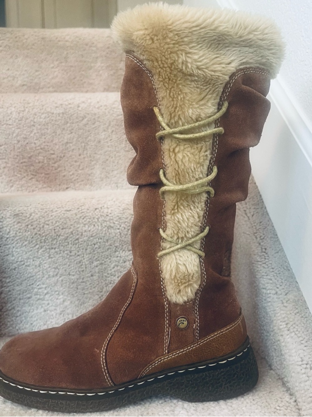 Bear Traps Wendie Women's Brown Suede Knee Boots with Cream Fur Trim Cozy Cabin - Picture 2 of 14
